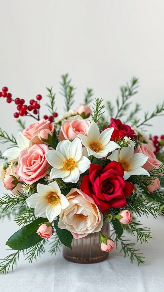 A vibrant winter flowers bouquet featuring pink and red roses, white daffodils, and green foliage.