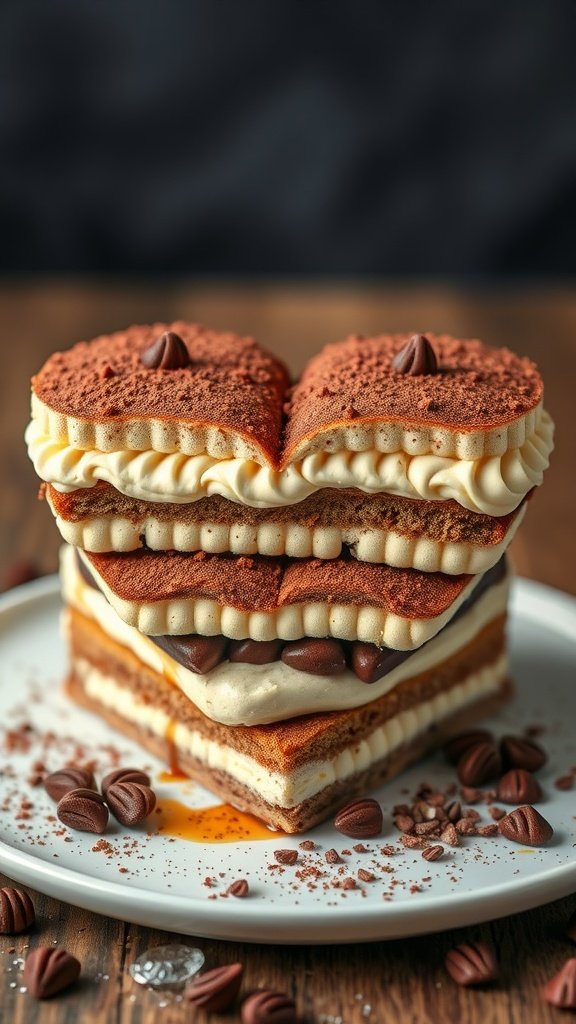 A beautifully layered Tiramisu Heart Cake with cocoa powder on top, surrounded by chocolate chips on a wooden table