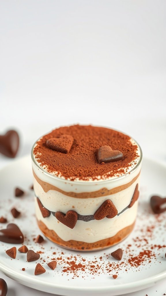 A beautifully layered tiramisu with heart decorations on top, perfect for Valentine's Day.