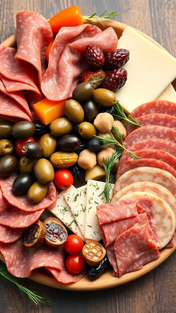 A traditional antipasto platter featuring cured meats, cheeses, olives, and vegetables.