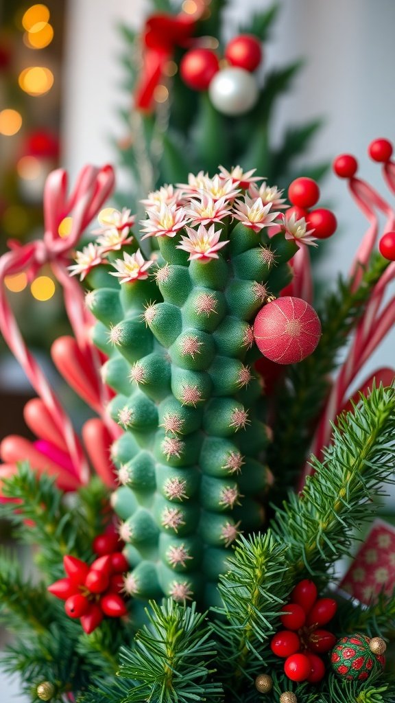 A vibrant Christmas cactus in a festive arrangement with red ornaments and green foliage.