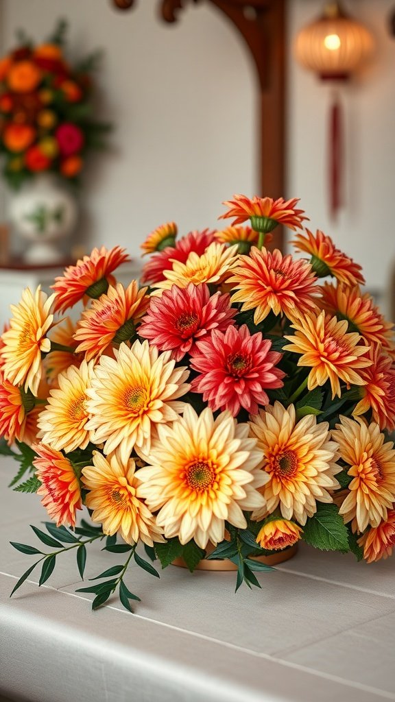 A vibrant arrangement of traditional chrysanthemums in fall colors, perfect for wedding decor.