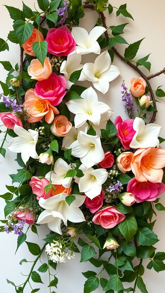 Colorful floral arrangement with roses, lilies, and ivy accents