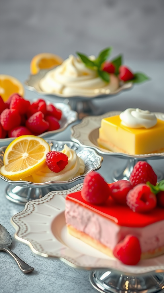 A variety of colorful Rococo cakes with fresh fruits and cream toppings.