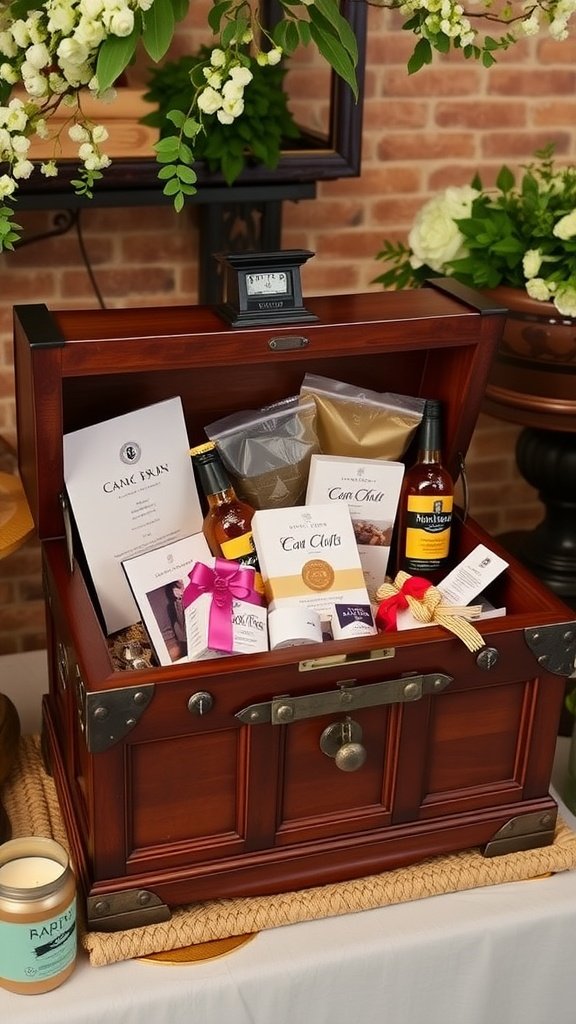 A wooden treasure chest filled with colorful gifts and decorations for a mermaid party.