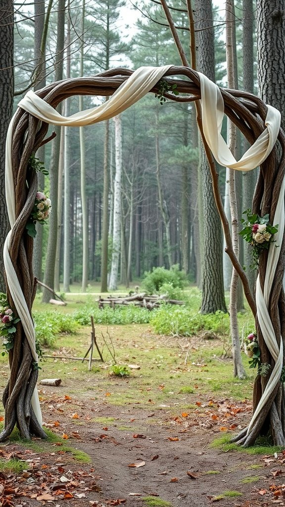 Rustic wedding arch made from tree branches with white fabric and flowers