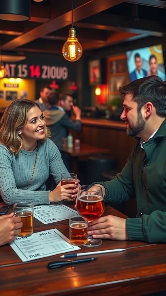 Couples enjoying trivia night at a local pub, smiling and engaged in conversation.