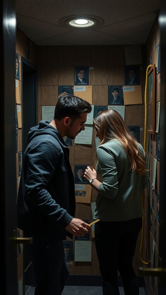 A couple engaged in an escape room challenge, focused on solving puzzles.
