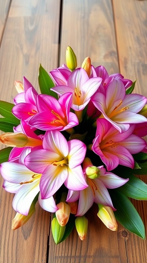 A vibrant bouquet of Tuberose flowers in pink and white hues arranged on a wooden surface.