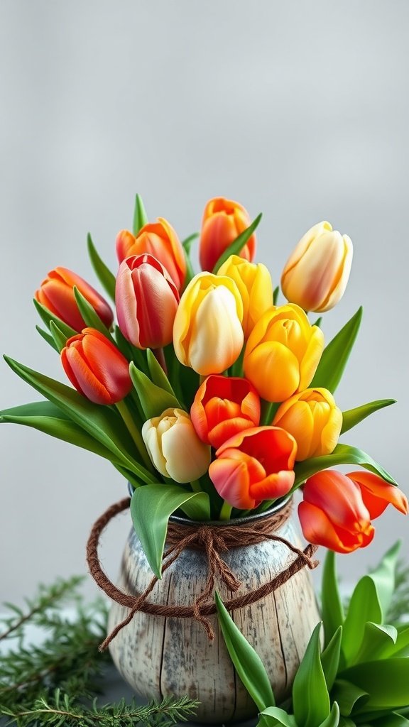 A vibrant bouquet of red, yellow, and white tulips in a rustic vase