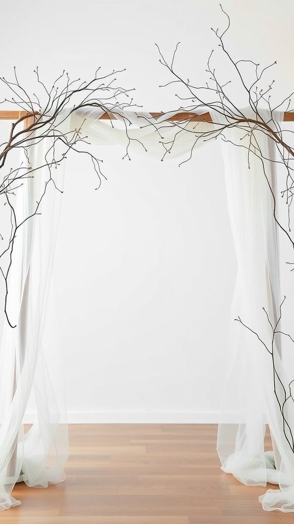 A rustic wedding arch made of branches and tulle, set against a simple backdrop.