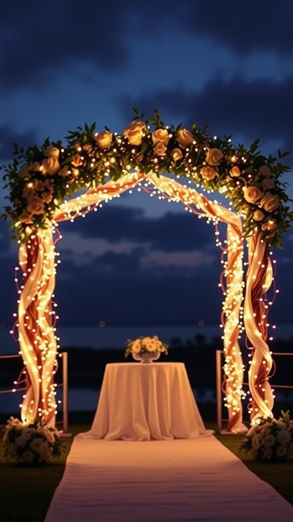 Rustic wedding arch adorned with fairy lights and flowers