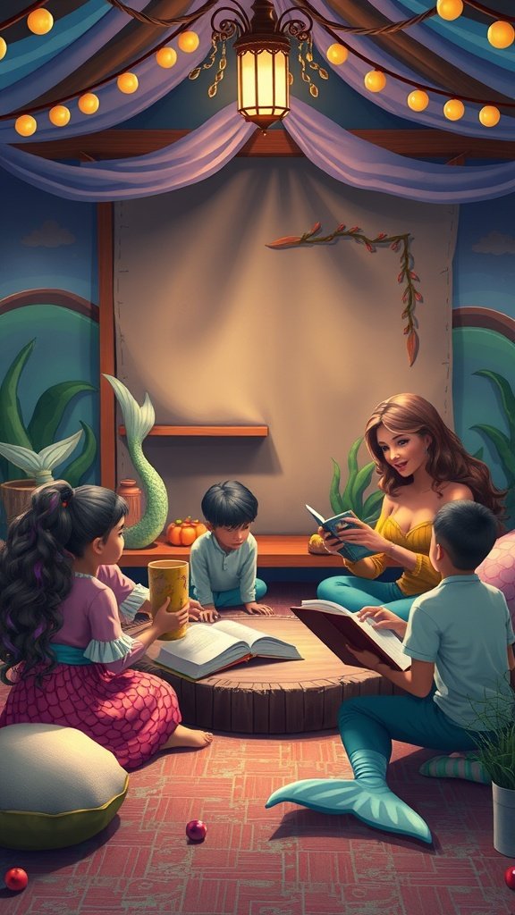 A cozy storytelling session with a mermaid and kids gathered around a table, filled with books and decorations.