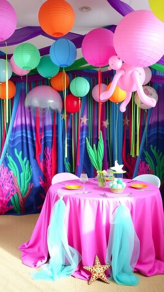 Colorful decorations for a mermaid party with pink tablecloth, lanterns, and ocean-themed decor.