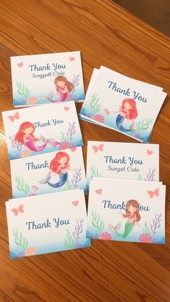 Colorful mermaid-themed thank you notes with illustrations and a playful font