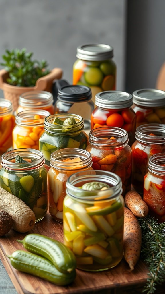 Colorful jars of pickled vegetables on a wooden board.