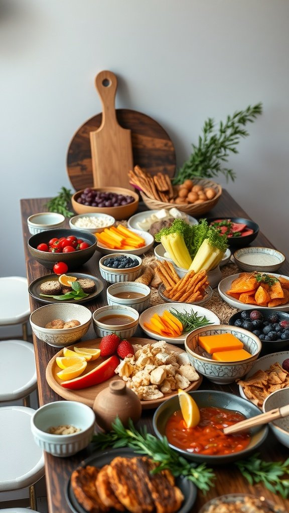 A vibrant grazing table featuring various serving platters and bowls filled with fruits, vegetables, and snacks.