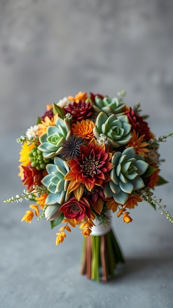 A vibrant bouquet featuring a mix of succulents and colorful autumn flowers, showcasing rich reds, greens, and oranges.