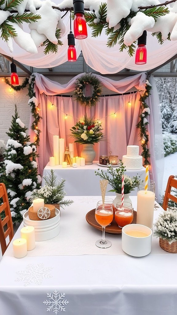 Winter-themed bridal shower setup with snowy decorations, candles, and drinks.