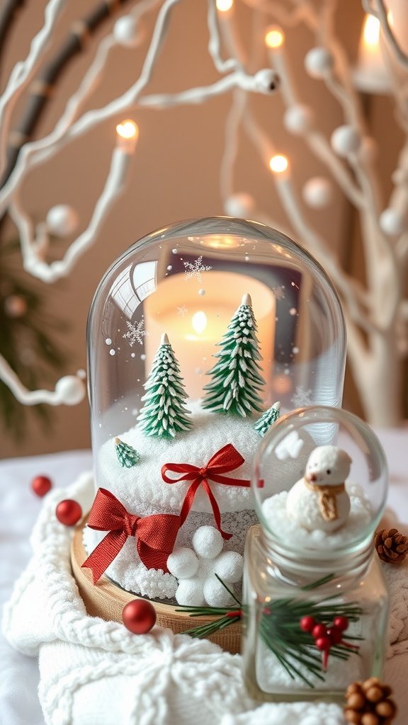 A beautiful snow globe featuring evergreen trees and a snowman, decorated with lights and a cozy setting, perfect for winter wedding favors.