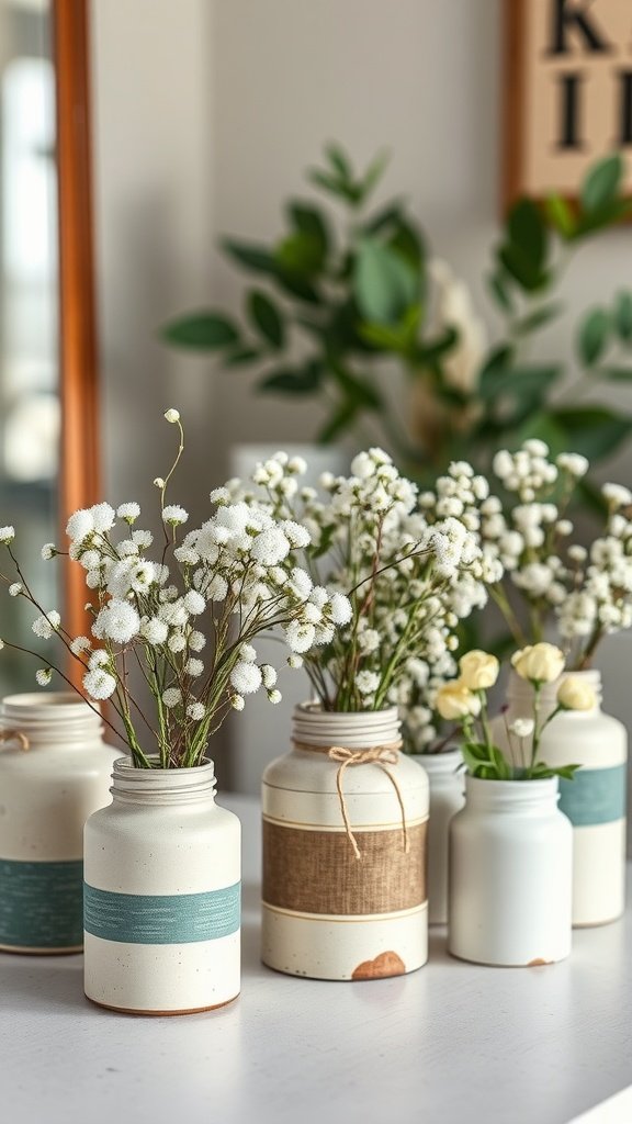 A collection of upcycled jars as centerpieces with baby’s breath flowers.