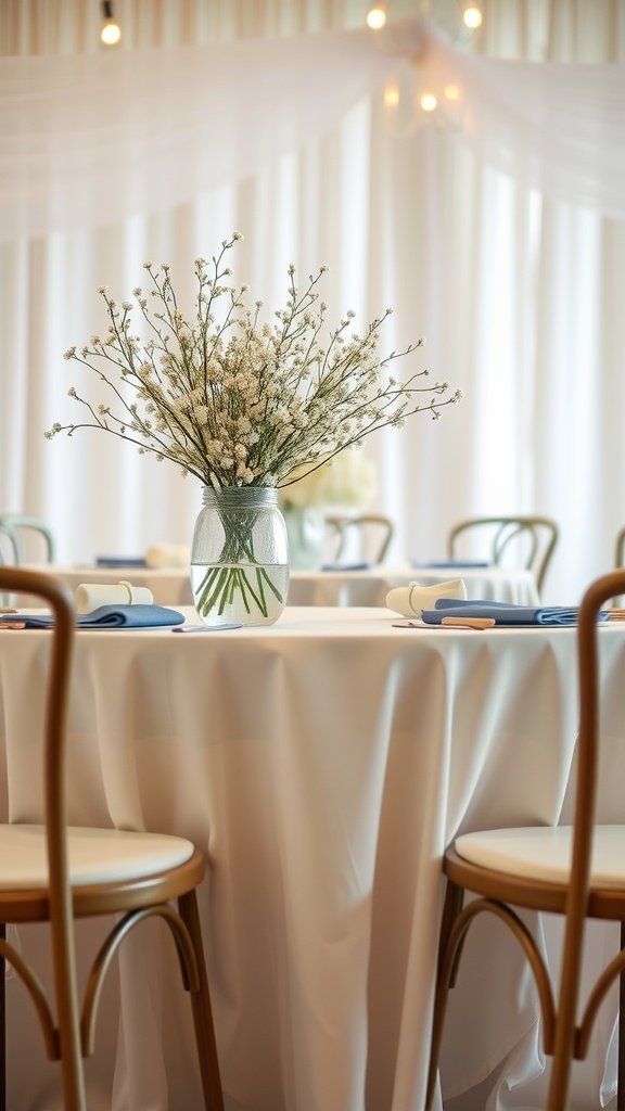 A table setting with a baby's breath centerpiece in a glass vase, surrounded by chairs and elegant decor.