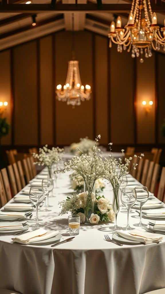 A wedding table setting with baby's breath centerpieces and elegant decor.