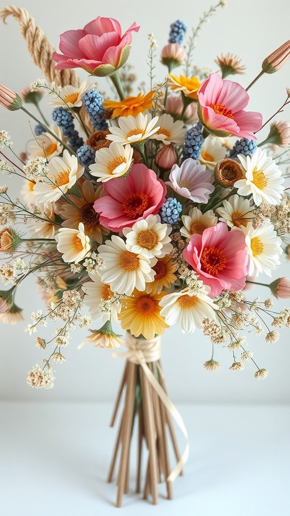 A vibrant bouquet of dried flowers featuring pink, white, and yellow blooms arranged with natural elements.