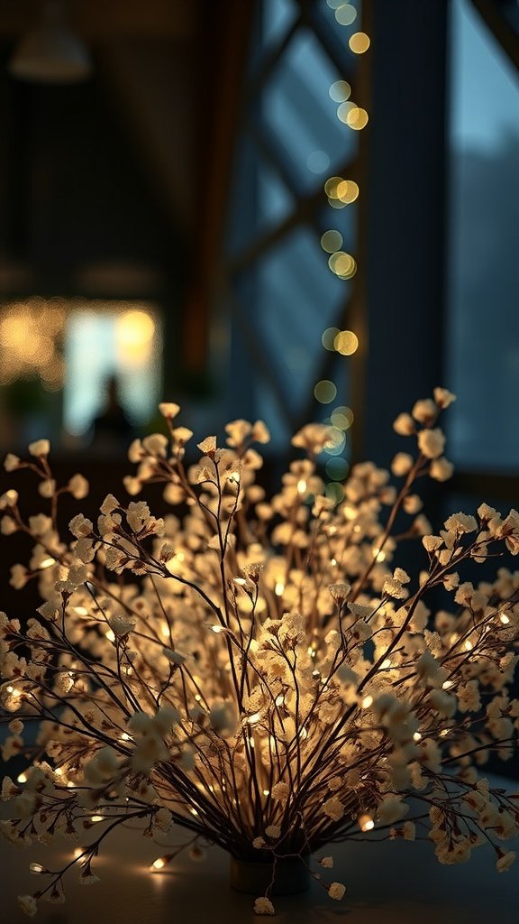 A beautifully lit baby’s breath centerpiece with soft lights.