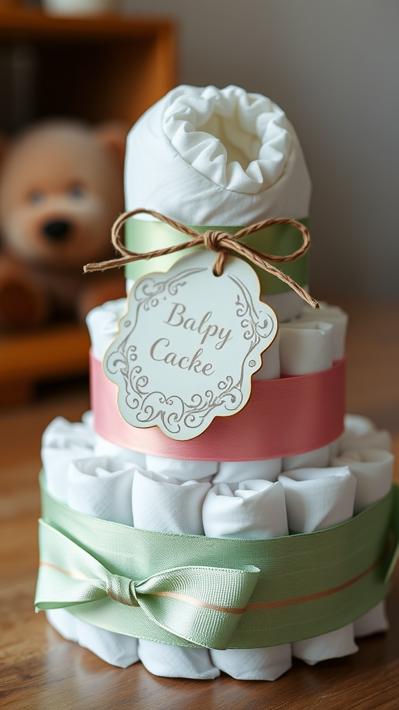 A beautifully arranged mini diaper cake with ribbons and a gift tag.