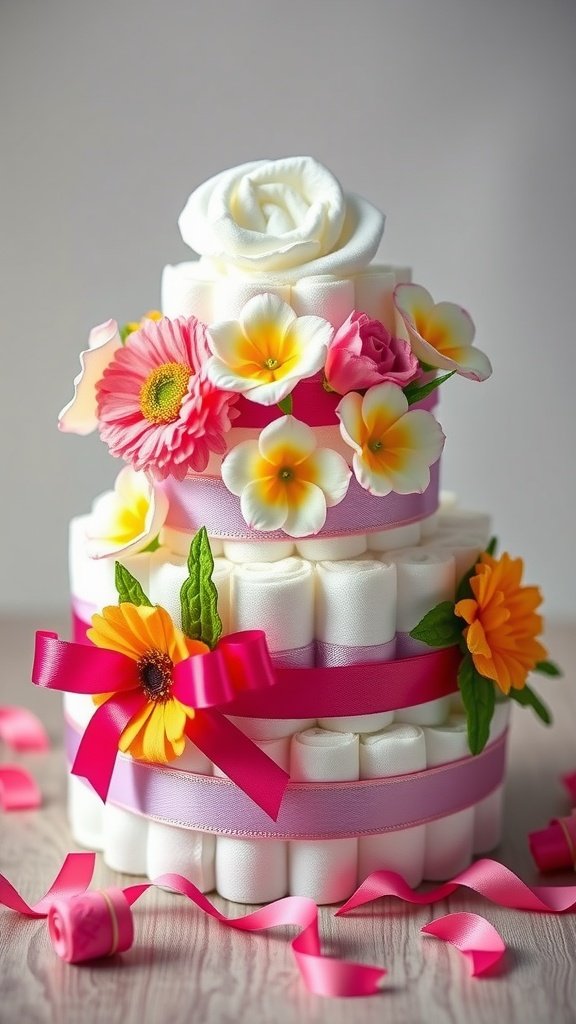 A beautifully decorated mini diaper cake with ribbons and flowers.