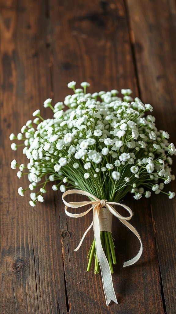 A bouquet of baby's breath tied with a ribbon on a wooden surface.