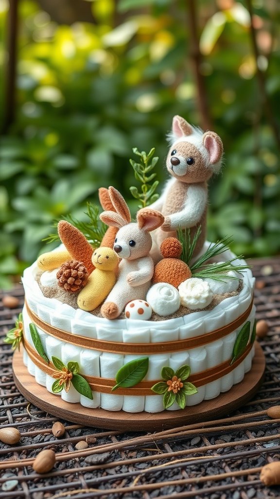 A mini diaper cake decorated with adorable animal figures and greenery