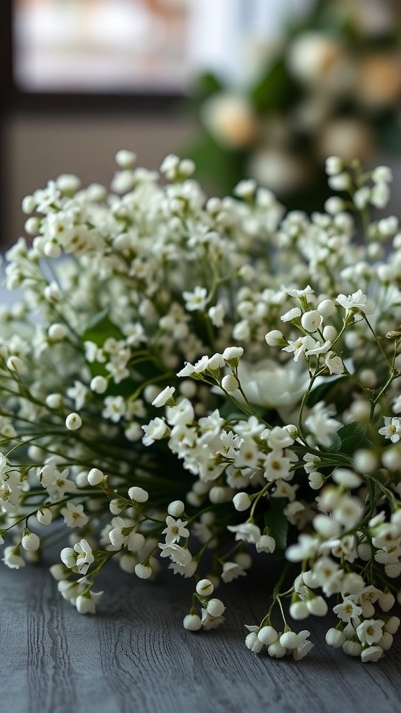 A close-up of a beautiful arrangement of baby's breath flowers, symbolizing peace and remembrance.
