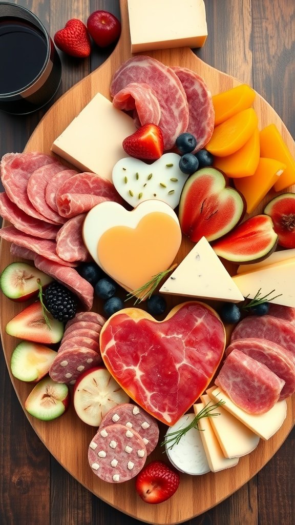 A beautifully arranged Valentine's Day charcuterie board with an assortment of cheeses, cured meats, fruits, and nuts.