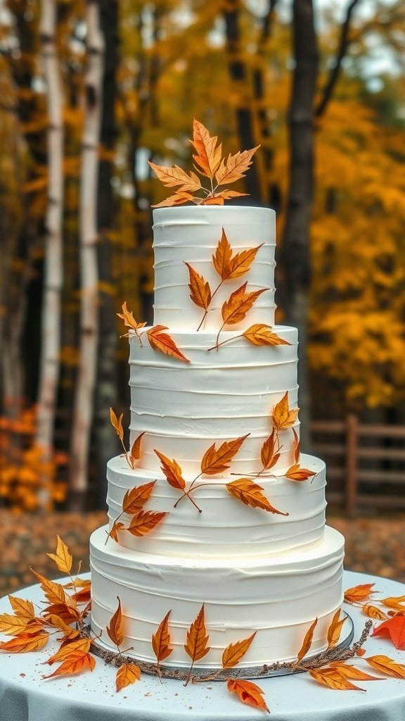 35 Enchanting Forest Wedding Cake Recipes for Your Dream Celebration A tall, elegant wedding cake adorned with autumn leaves, perfect for a forest-themed celebration.