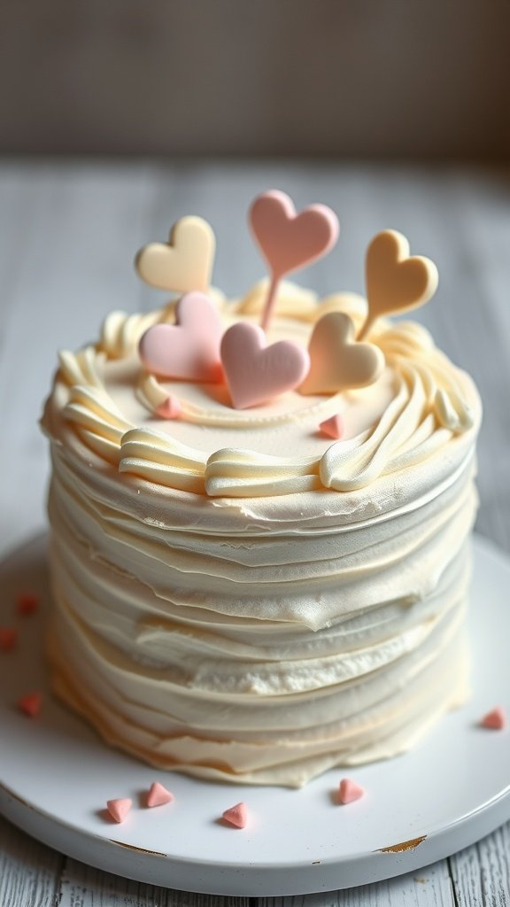 A beautifully decorated Vanilla Bean Cupid's Cake with heart-shaped toppers.