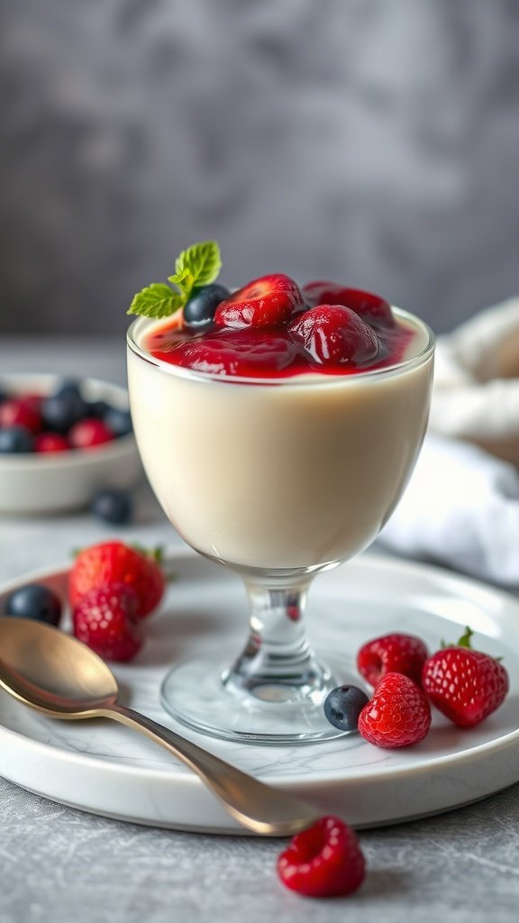 A creamy vanilla bean panna cotta topped with fresh berries and berry compote, served in a glass. Valentine’s Day Food Ideas