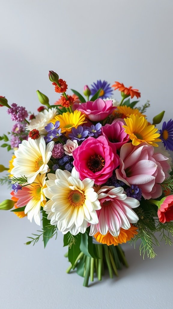A colorful bouquet featuring daisies, roses, and marigolds, perfect for a fall wedding.