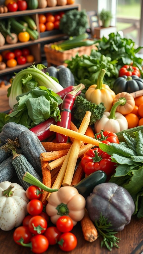 A variety of seasonal vegetables including tomatoes, carrots, and leafy greens displayed on a wooden table.