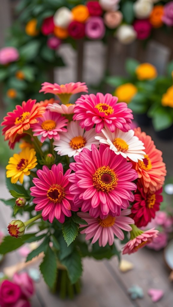 A vibrant bouquet of zinnias in various shades of pink, orange, and yellow, showcasing their playful character.