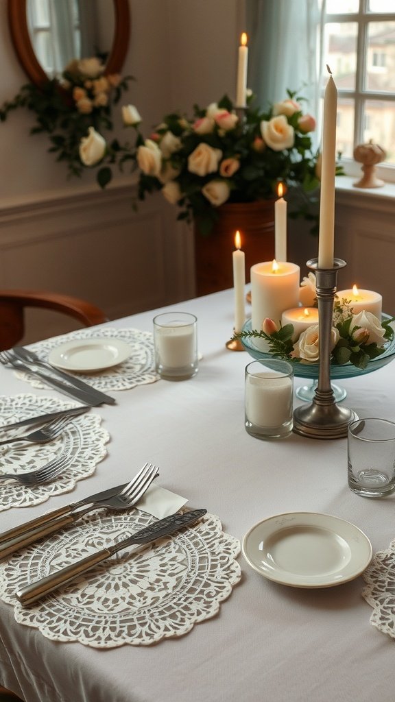 A beautifully set vintage Valentine's Day table featuring lace placemats, candles, and fresh roses.