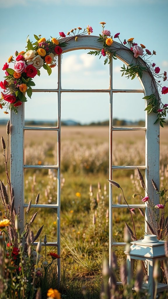 A vintage window pane arch adorned with colorful flowers, set in a field.