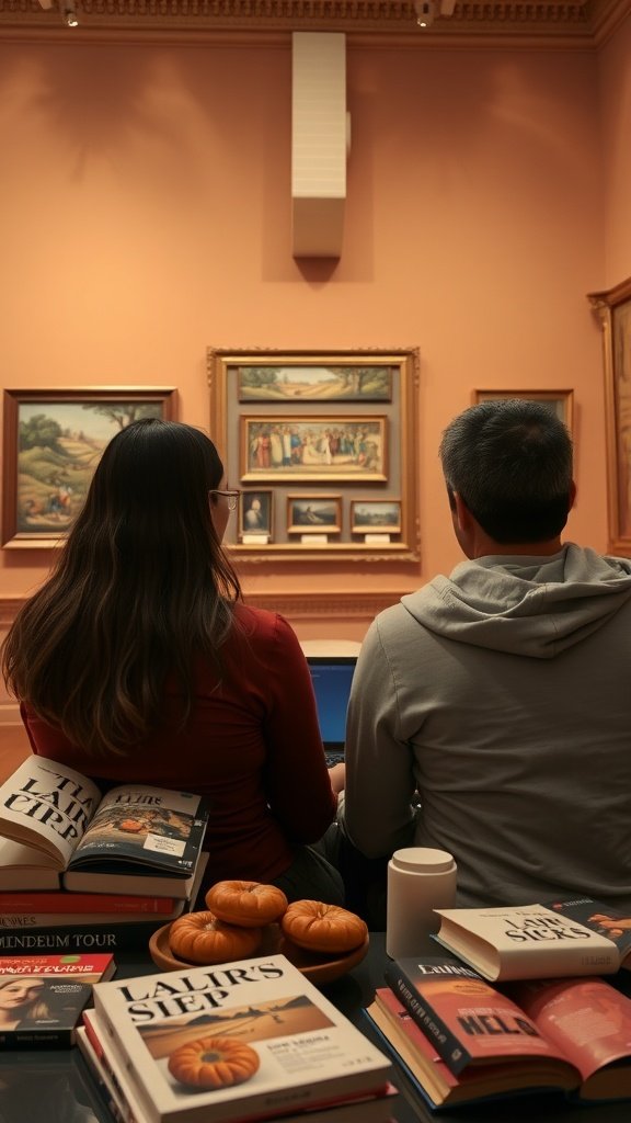A couple enjoying a virtual museum tour with books and snacks. Indoor Date Ideas