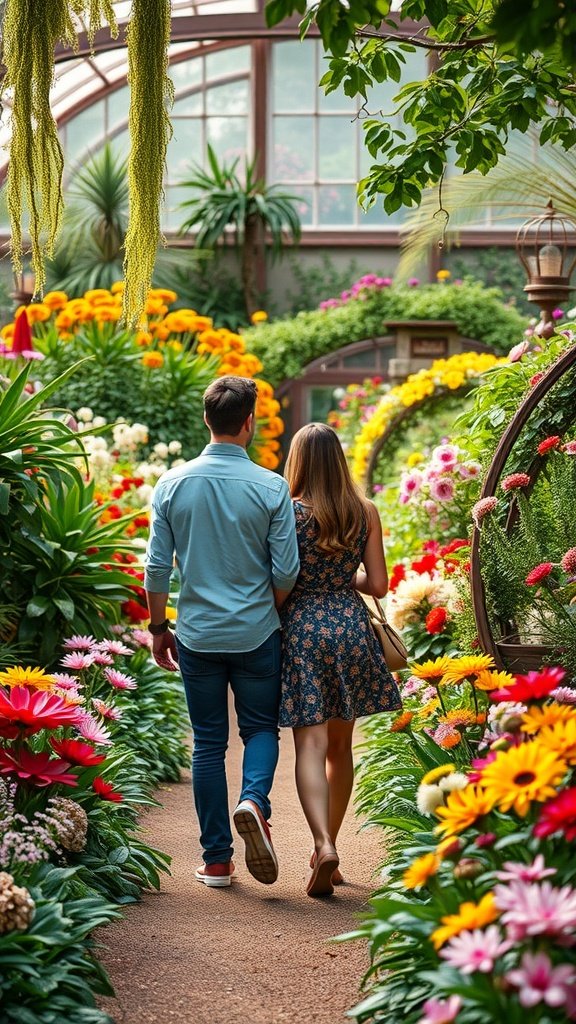 A couple walking hand in hand through a colorful botanical garden filled with flowers.