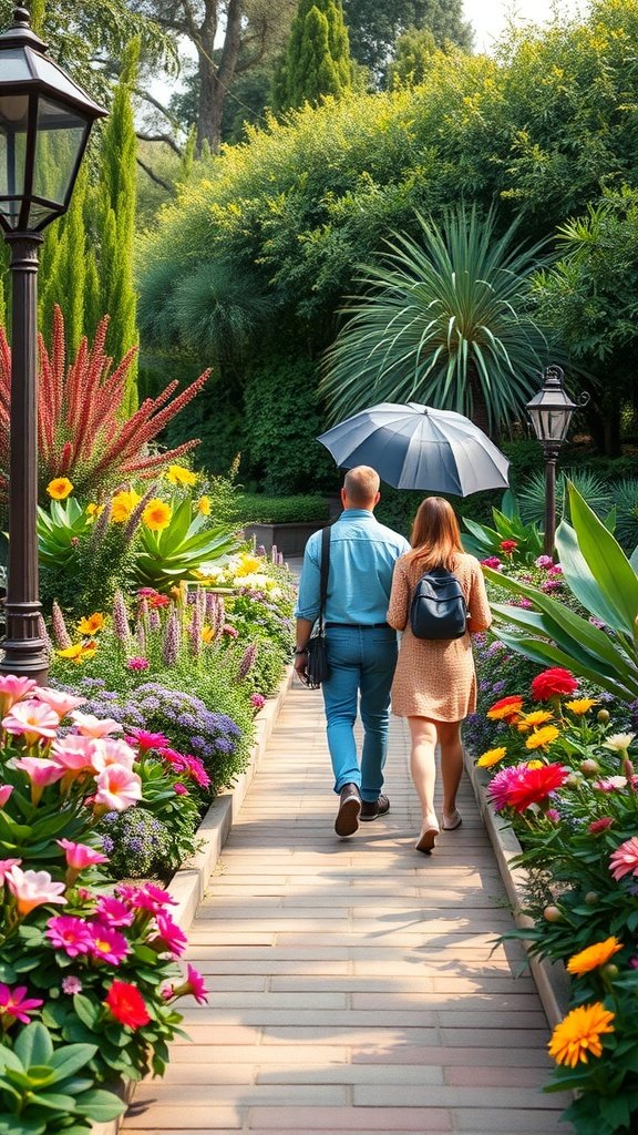 A couple walking through a vibrant botanical garden, surrounded by colorful flowers and greenery.