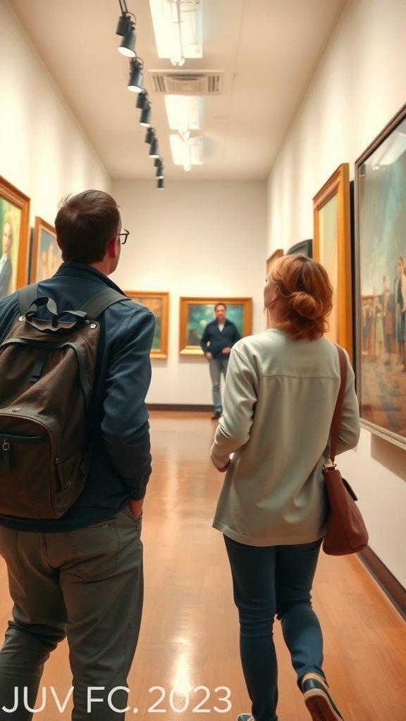 A couple walking through an art gallery, viewing paintings.