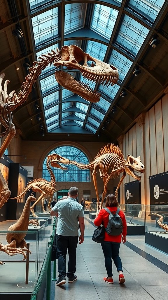A couple walking through a museum, enjoying dinosaur skeletons on display.
