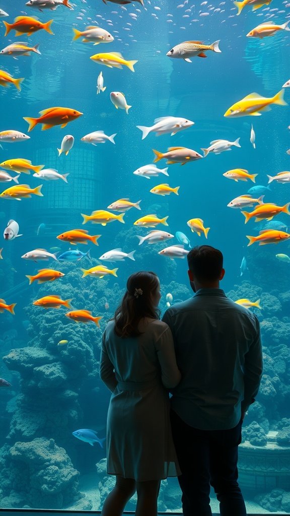 A couple enjoying an aquarium visit, surrounded by colorful fish