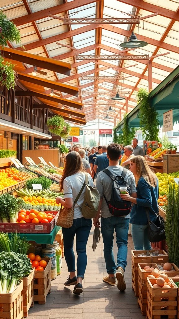 People shopping at a vibrant farmers' market filled with fruits and vegetables.